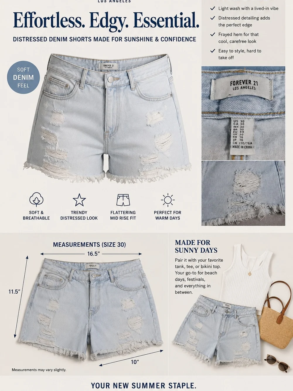 Forever 21 Distressed Denim Shorts –Size 30 #ZLPOGA
